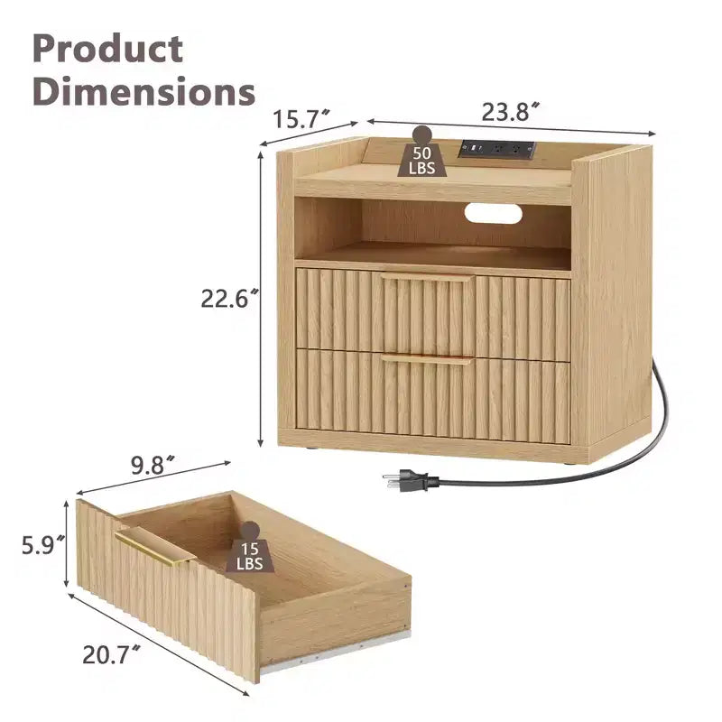 Table d'appoint cannelée naturelle avec station de charge Ports USB Table de chevet de 61 cm de large 2 tiroirs Table de chevet en bois Armoire de rangement moderne pour salon