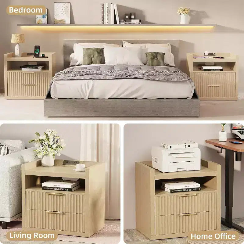 Table d'appoint cannelée naturelle avec station de charge Ports USB Table de chevet de 61 cm de large 2 tiroirs Table de chevet en bois Armoire de rangement moderne pour salon