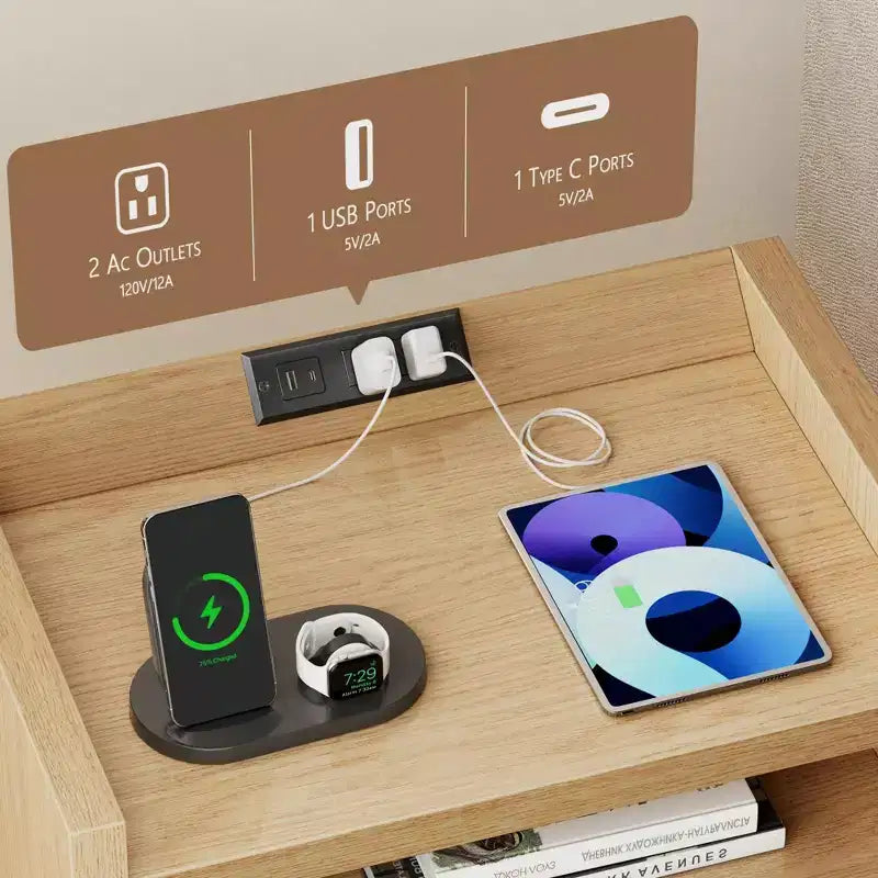 Table d'appoint cannelée naturelle avec station de charge Ports USB Table de chevet de 61 cm de large 2 tiroirs Table de chevet en bois Armoire de rangement moderne pour salon