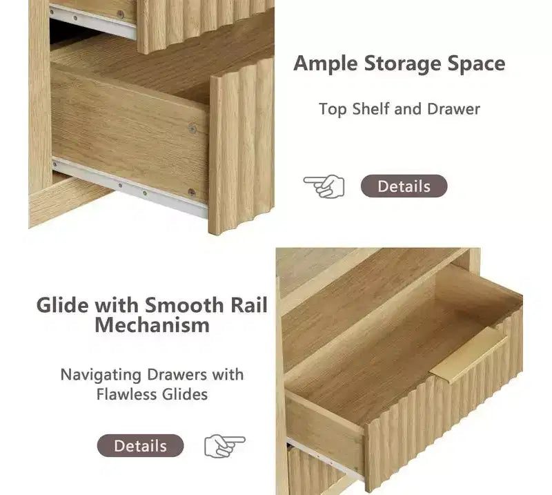 Table d'appoint cannelée naturelle avec station de charge Ports USB Table de chevet de 61 cm de large 2 tiroirs Table de chevet en bois Armoire de rangement moderne pour salon