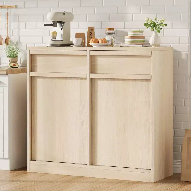 Double Tilt Out Trash Cabinet, Natural Oak Trash Cabinet with 20 Gallon Storage & 2 Drawers, Hidden Garbage Cabinet Laundry Hamper