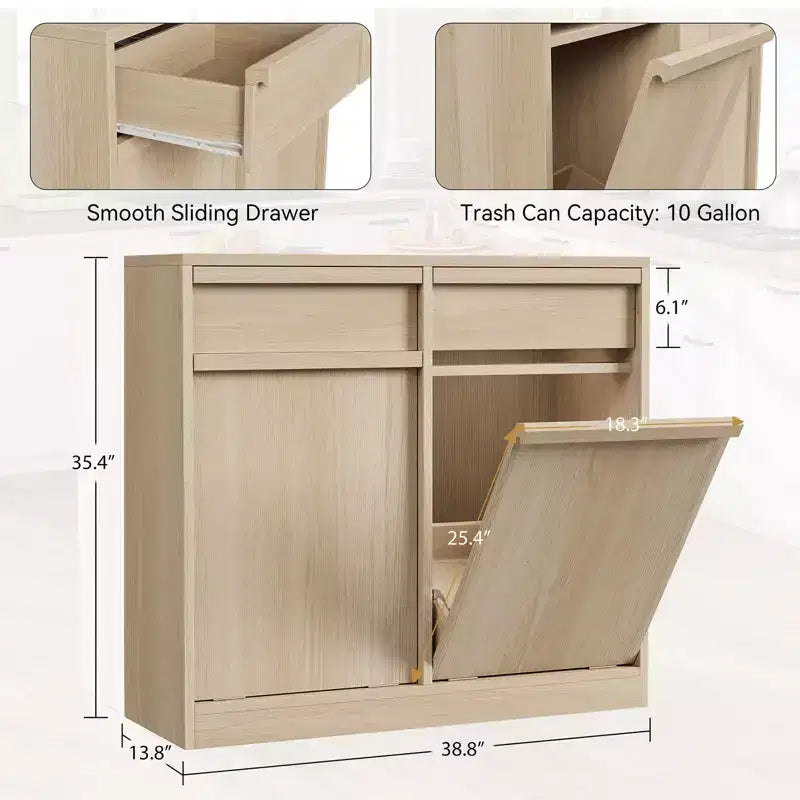 Meuble Poubelle Double Inclinable, Meuble Poubelle en Chêne Naturel avec Rangement de 75 Litres et 2 Tiroirs, Meuble Cache-Poubelle/Panier à Linge
