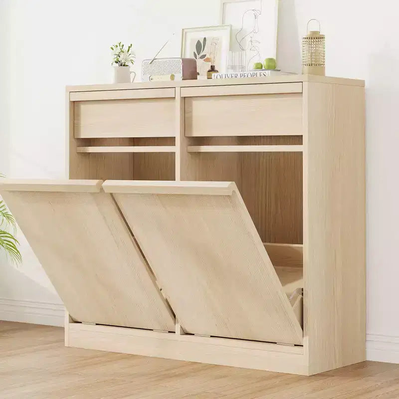 Meuble Poubelle Double Inclinable, Meuble Poubelle en Chêne Naturel avec Rangement de 75 Litres et 2 Tiroirs, Meuble Cache-Poubelle/Panier à Linge