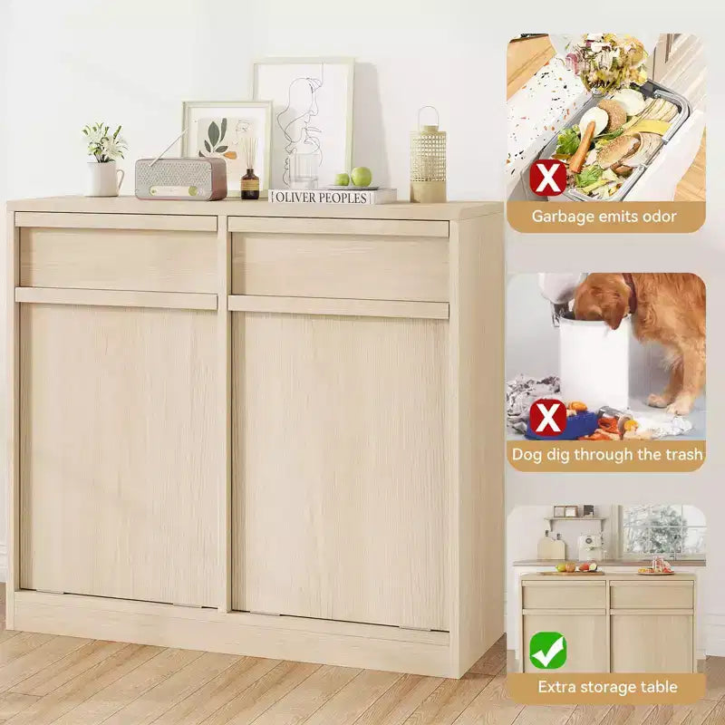Meuble Poubelle Double Inclinable, Meuble Poubelle en Chêne Naturel avec Rangement de 75 Litres et 2 Tiroirs, Meuble Cache-Poubelle/Panier à Linge