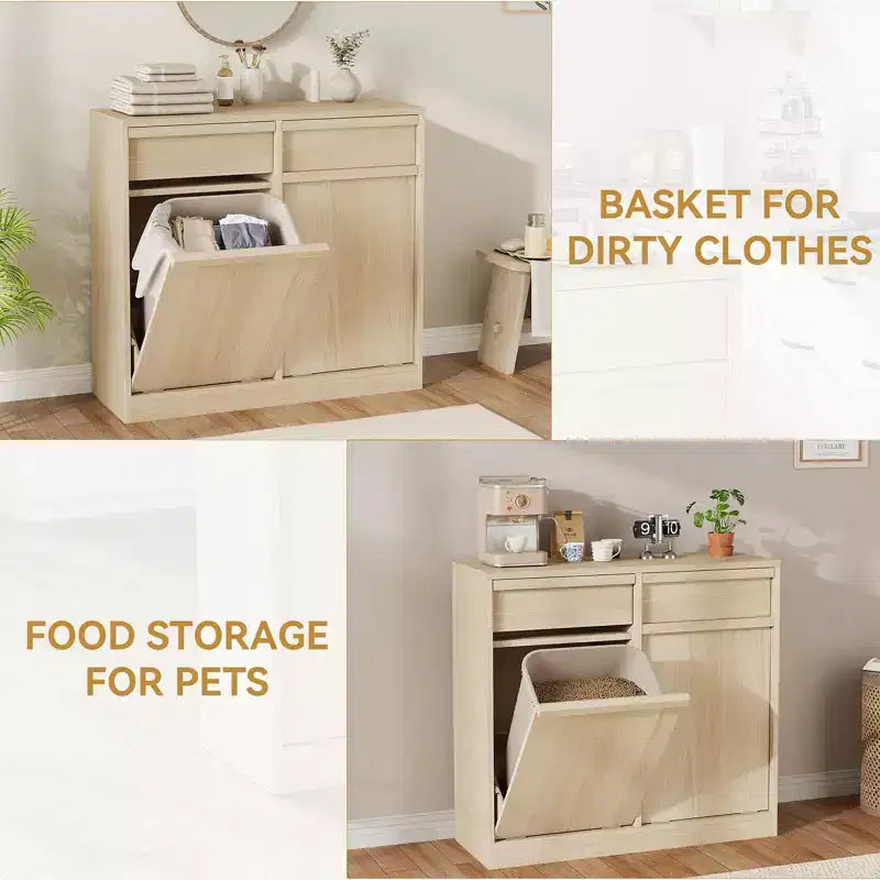 Meuble Poubelle Double Inclinable, Meuble Poubelle en Chêne Naturel avec Rangement de 75 Litres et 2 Tiroirs, Meuble Cache-Poubelle/Panier à Linge