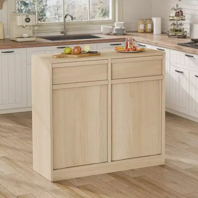 Meuble Poubelle Double Inclinable, Meuble Poubelle en Chêne Naturel avec Rangement de 75 Litres et 2 Tiroirs, Meuble Cache-Poubelle/Panier à Linge