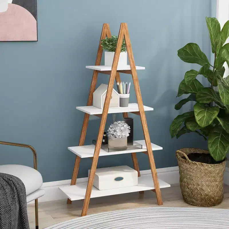 JVNOXK 4 open shelving units in different sizes, solid bamboo wood Oxford-style A-frame display bookshelves, suitable for the living room