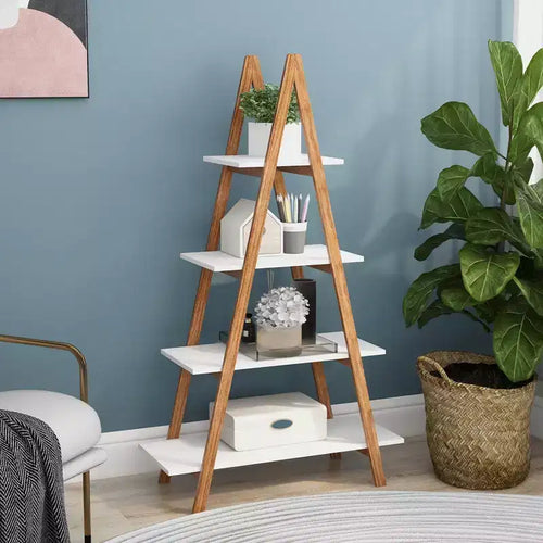 JVNOXK 4 open shelving units in different sizes, solid bamboo wood Oxford-style A-frame display bookshelves, suitable for the living room
