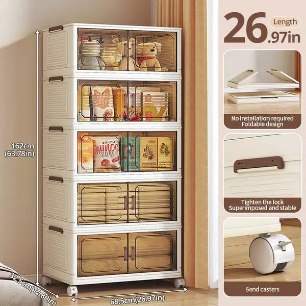 AEELLEEA Stackable Foldable Lidded Storage Bins with Doors & Wheels - Foldable Storage Cabinet for Home, Dorm & Office