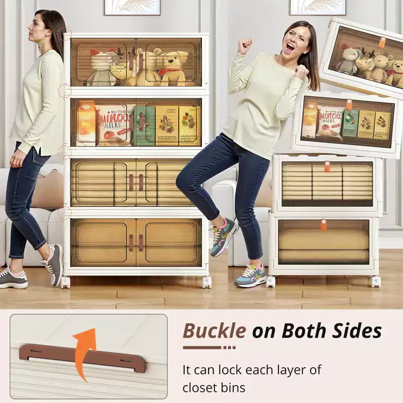 Boîtes de rangement pliantes empilables avec couvercles, portes et roulettes - Meuble de rangement pliant pour la maison, le dortoir et le bureau