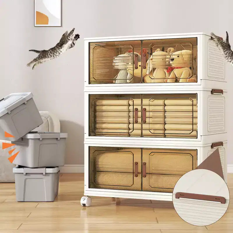 Boîtes de rangement pliantes empilables avec couvercles, portes et roulettes - Meuble de rangement pliant pour la maison, le dortoir et le bureau