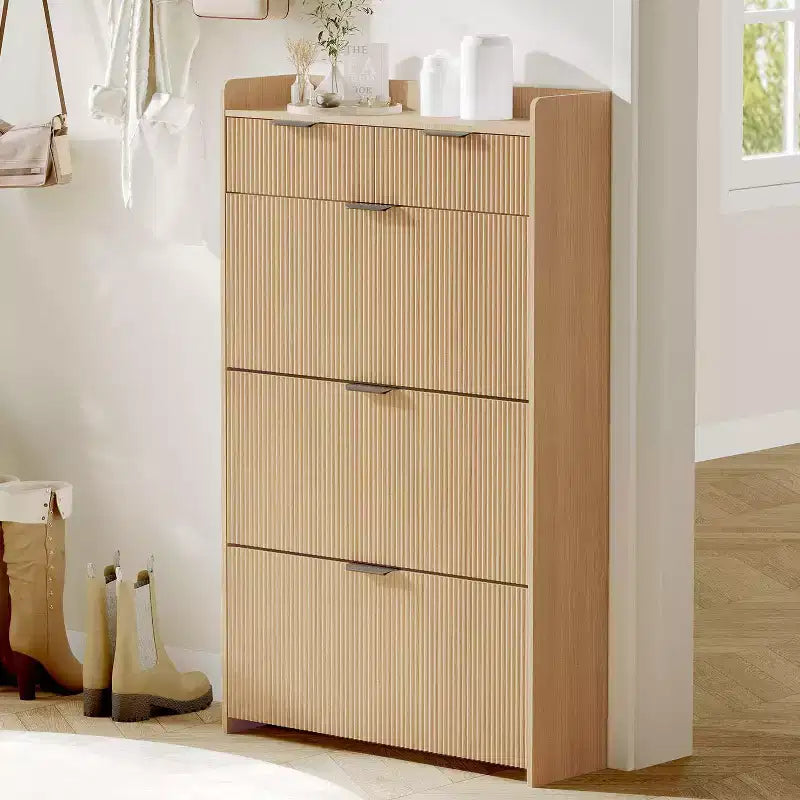 Meuble à chaussures cannelé avec 2 tiroirs basculants, Organisateur de chaussures en bois mince, Meuble d'entrée étroit avec rangement pour petits espaces, Couloir