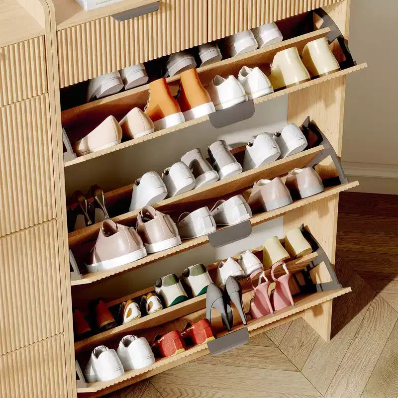 Meuble à chaussures cannelé avec 2 tiroirs basculants, Organisateur de chaussures en bois mince, Meuble d'entrée étroit avec rangement pour petits espaces, Couloir