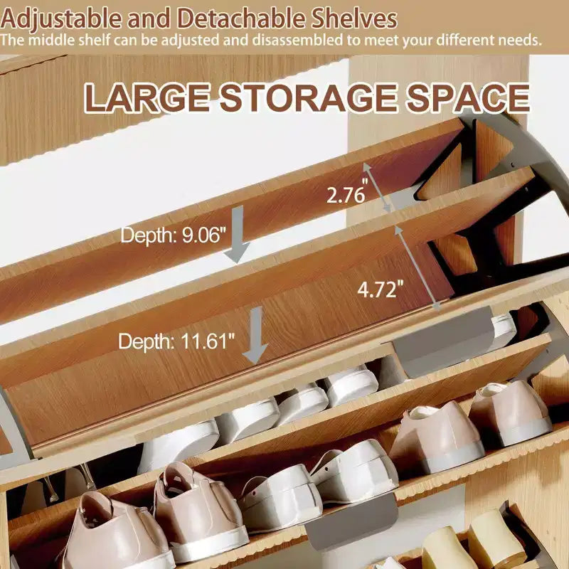 Meuble à chaussures cannelé avec 2 tiroirs basculants, Organisateur de chaussures en bois mince, Meuble d'entrée étroit avec rangement pour petits espaces, Couloir