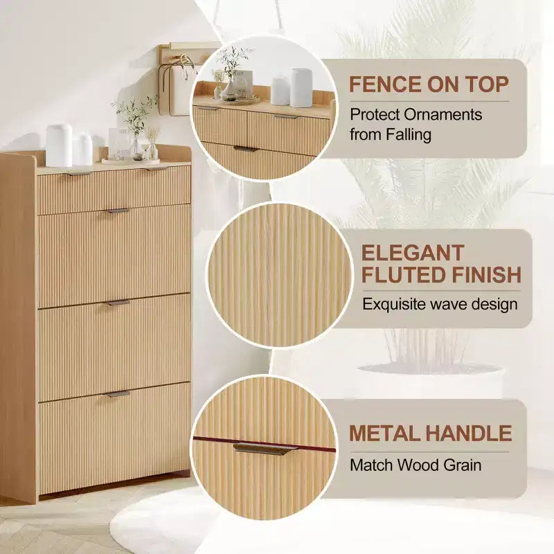 Meuble à chaussures cannelé avec 2 tiroirs basculants, Organisateur de chaussures en bois mince, Meuble d'entrée étroit avec rangement pour petits espaces, Couloir
