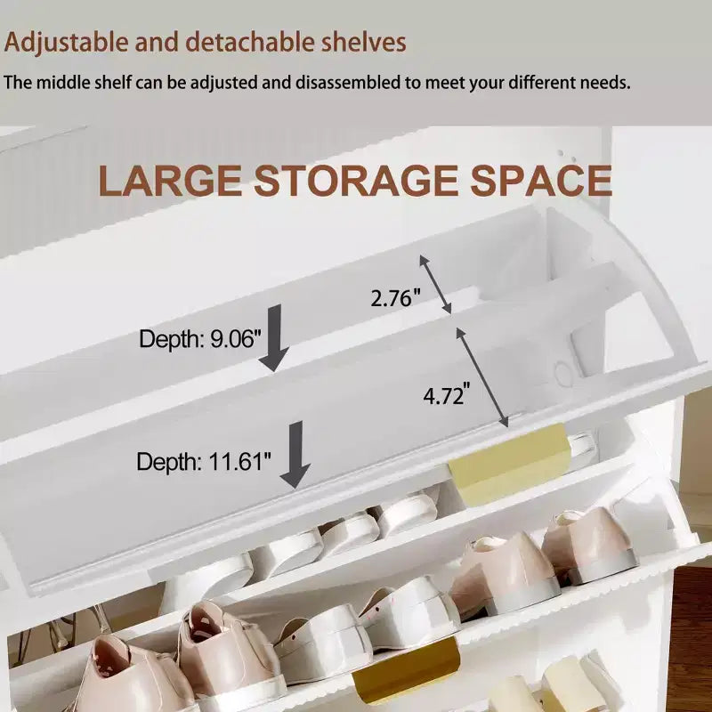 Meuble à chaussures cannelé avec 2 tiroirs basculants, Organisateur de chaussures en bois mince, Meuble d'entrée étroit avec rangement pour petits espaces, Couloir