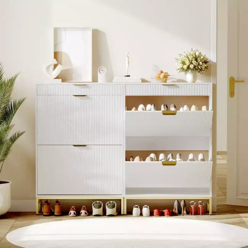 Meuble à chaussures cannelé avec 2 tiroirs basculants, Organisateur de chaussures en bois mince, Meuble d'entrée étroit avec rangement pour petits espaces, Couloir
