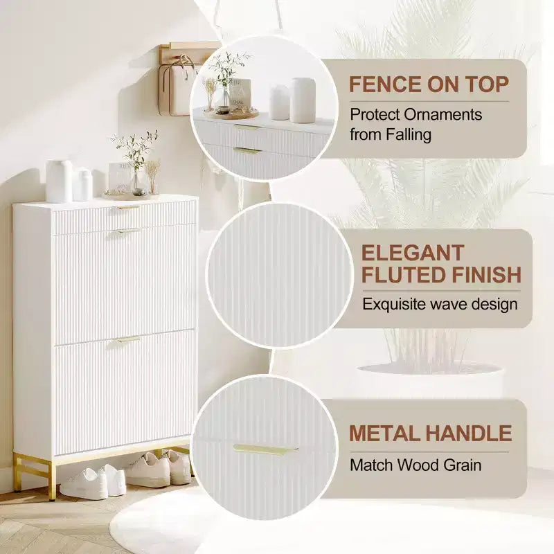 Meuble à chaussures cannelé avec 2 tiroirs basculants, Organisateur de chaussures en bois mince, Meuble d'entrée étroit avec rangement pour petits espaces, Couloir