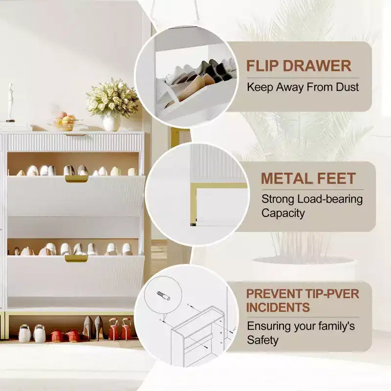 Meuble à chaussures cannelé avec 2 tiroirs basculants, Organisateur de chaussures en bois mince, Meuble d'entrée étroit avec rangement pour petits espaces, Couloir