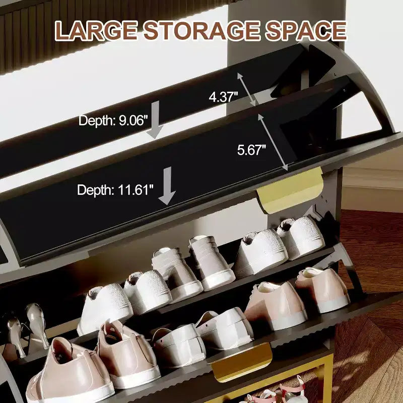 Meuble à chaussures cannelé avec 2 tiroirs basculants, Organisateur de chaussures en bois mince, Meuble d'entrée étroit avec rangement pour petits espaces, Couloir