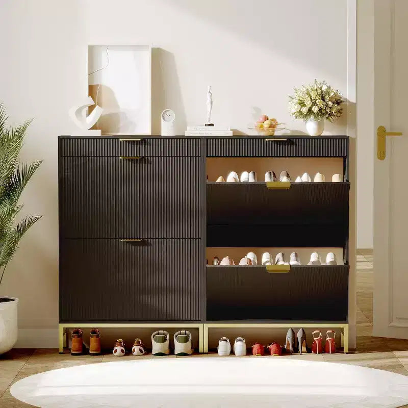 Meuble à chaussures cannelé avec 2 tiroirs basculants, Organisateur de chaussures en bois mince, Meuble d'entrée étroit avec rangement pour petits espaces, Couloir