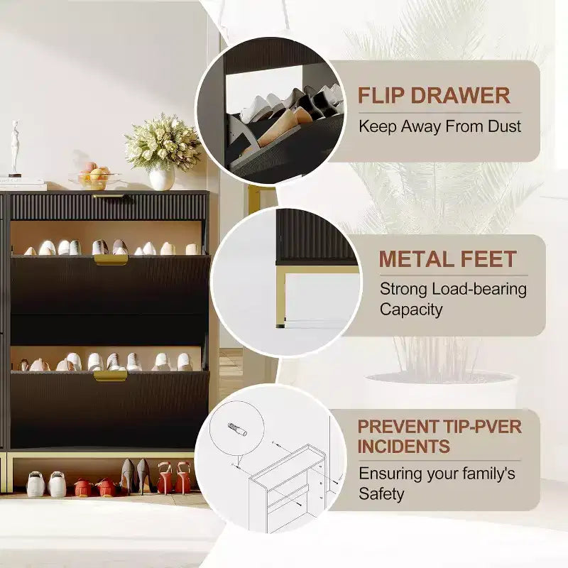 Meuble à chaussures cannelé avec 2 tiroirs basculants, Organisateur de chaussures en bois mince, Meuble d'entrée étroit avec rangement pour petits espaces, Couloir