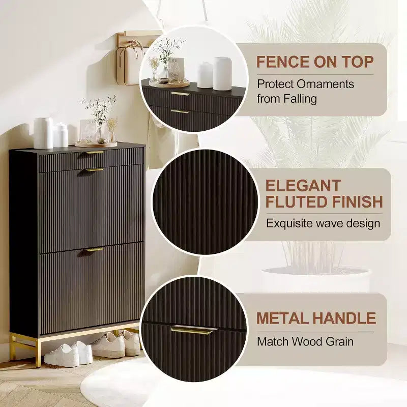 Meuble à chaussures cannelé avec 2 tiroirs basculants, Organisateur de chaussures en bois mince, Meuble d'entrée étroit avec rangement pour petits espaces, Couloir