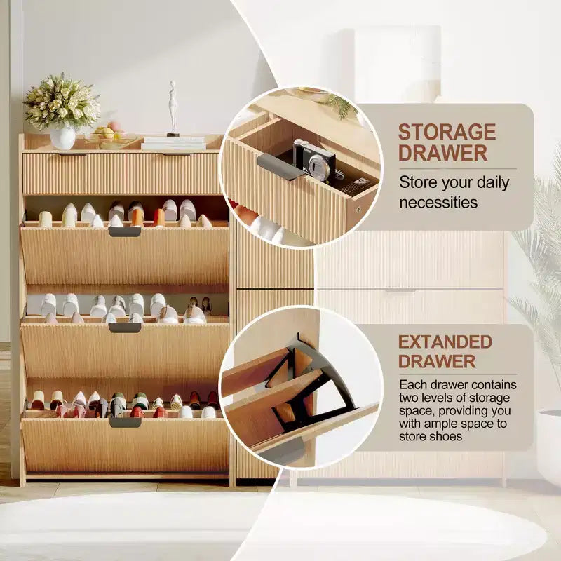 Meuble à chaussures cannelé avec 2 tiroirs basculants, Organisateur de chaussures en bois mince, Meuble d'entrée étroit avec rangement pour petits espaces, Couloir