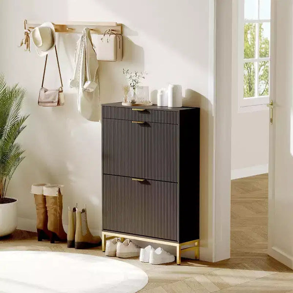 Fluted Shoe Storage Cabinet w/2 Flip Drawers, Slim Wood Shoe Organizer, Narrow Entryway Furniture w/Storage for Small Spaces, Hallway