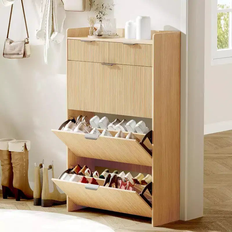 Meuble à chaussures cannelé avec 2 tiroirs basculants, Organisateur de chaussures en bois mince, Meuble d'entrée étroit avec rangement pour petits espaces, Couloir