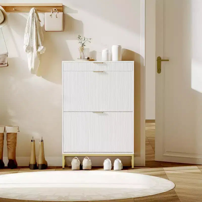 Meuble à chaussures cannelé avec 2 tiroirs basculants, Organisateur de chaussures en bois mince, Meuble d'entrée étroit avec rangement pour petits espaces, Couloir