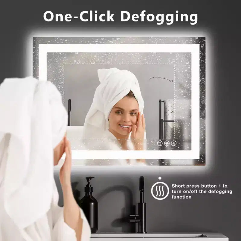 Miroir de vanité de salle de bain avec LED anti-buée et double source de lumière, miroir mural 3 modes avec verre de 3 mm, miroir chic au-dessus de l'évier