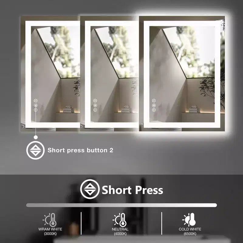 Miroir de vanité de salle de bain avec LED anti-buée et double source de lumière, miroir mural 3 modes avec verre de 3 mm, miroir chic au-dessus de l'évier