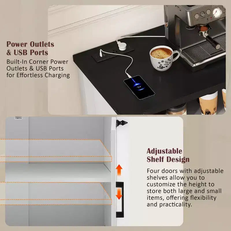 Buffet de ferme moderne à 4 portes avec ports de chargement USB et étagères réglables