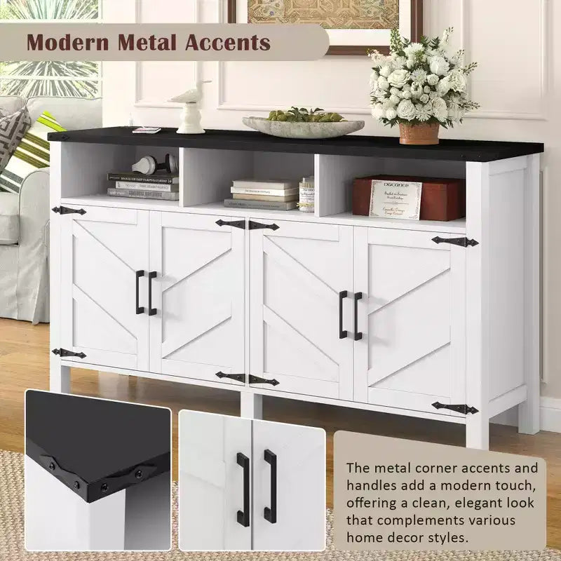 Buffet de ferme moderne à 4 portes avec ports de chargement USB et étagères réglables