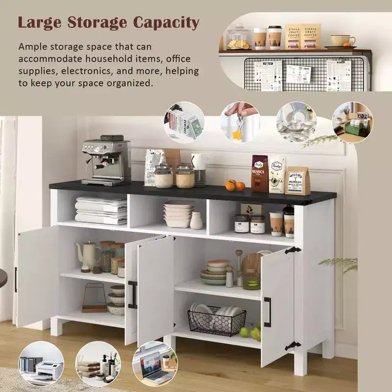 Buffet de ferme moderne à 4 portes avec ports de chargement USB et étagères réglables