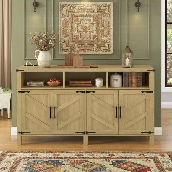 Merax 4-Door Modern Farmhouse Sideboard Buffet with USB Charging Ports & Adjustable Shelves