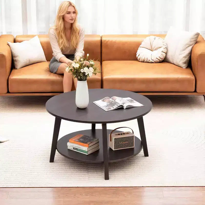 Table basse ronde avec rangement, table d'appoint moderne à 2 niveaux en bois pour salon, chambre ou bureau