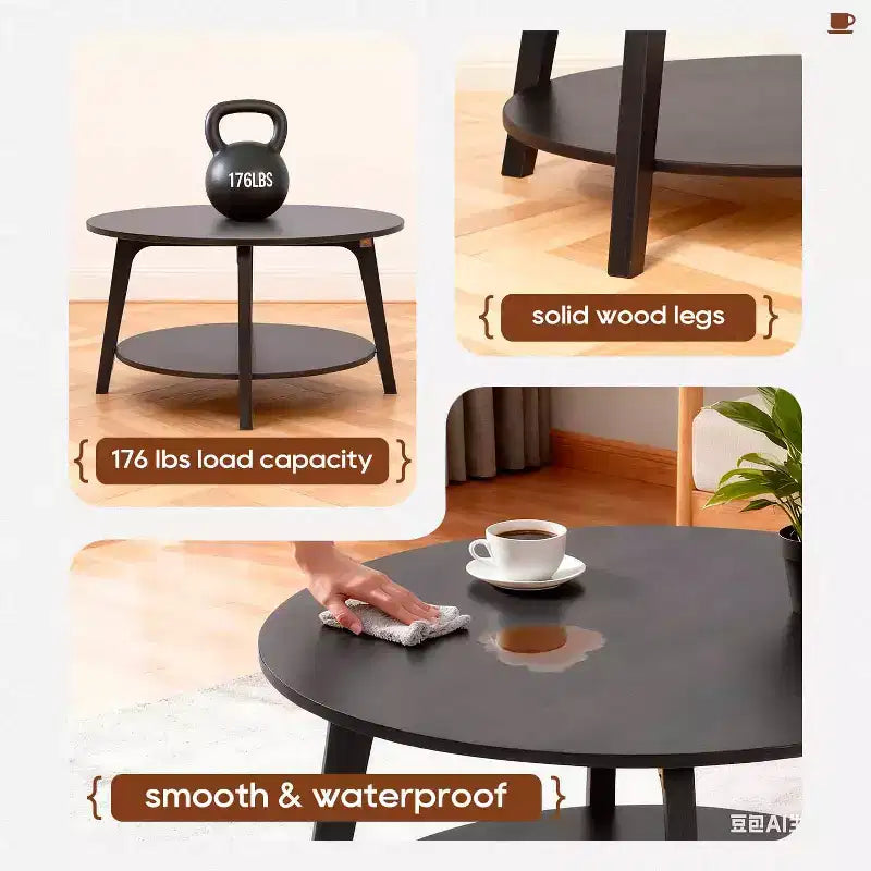 Table basse ronde avec rangement, table d'appoint moderne à 2 niveaux en bois pour salon, chambre ou bureau