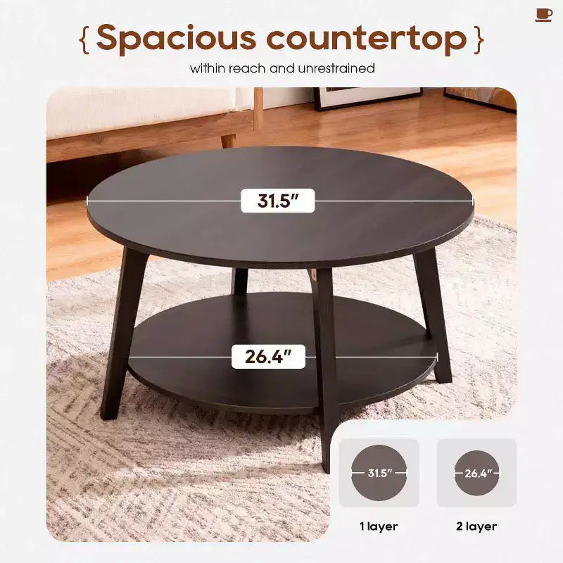 Table basse ronde avec rangement, table d'appoint moderne à 2 niveaux en bois pour salon, chambre ou bureau
