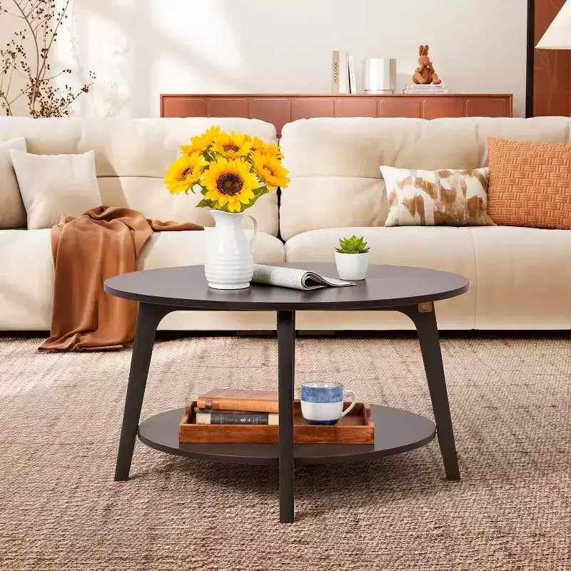 Table basse ronde avec rangement, table d'appoint moderne à 2 niveaux en bois pour salon, chambre ou bureau