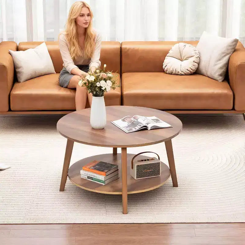 Table basse ronde avec rangement, table d'appoint moderne à 2 niveaux en bois pour salon, chambre ou bureau