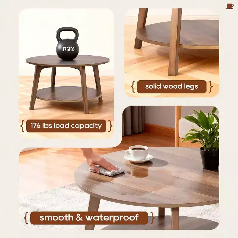 Table basse ronde avec rangement, table d'appoint moderne à 2 niveaux en bois pour salon, chambre ou bureau