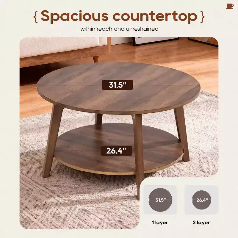 Table basse ronde avec rangement, table d'appoint moderne à 2 niveaux en bois pour salon, chambre ou bureau