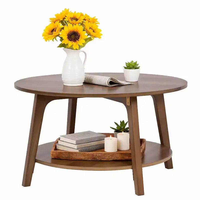 FDW Round Coffee Table with Storage 2-Tier Modern Wood Center Table for Living Room Bedroom or Office