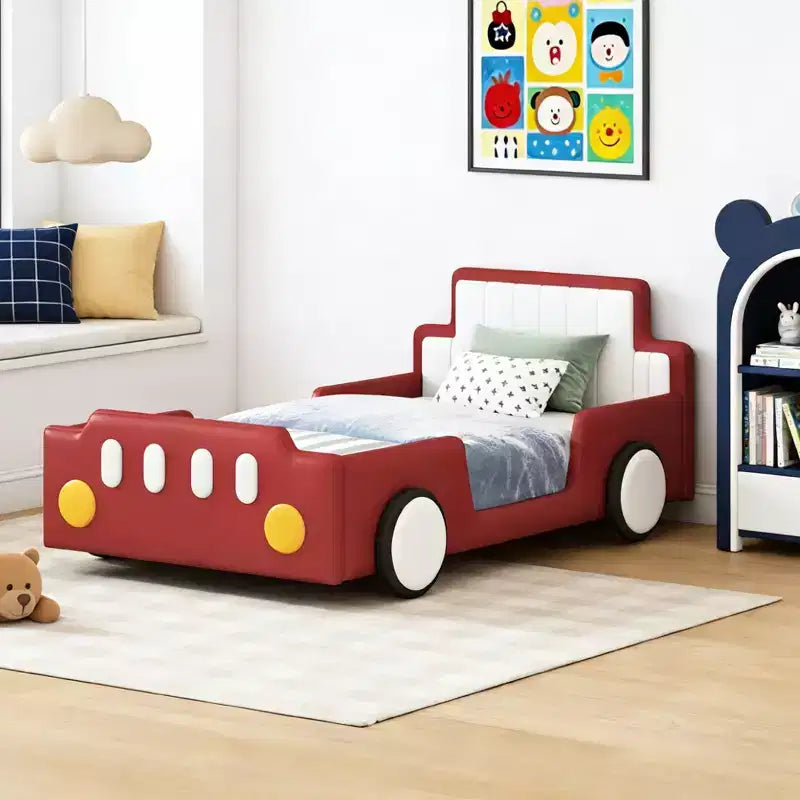 Lit plateforme en forme de voiture de course, taille jumeau, avec barrières de sécurité
