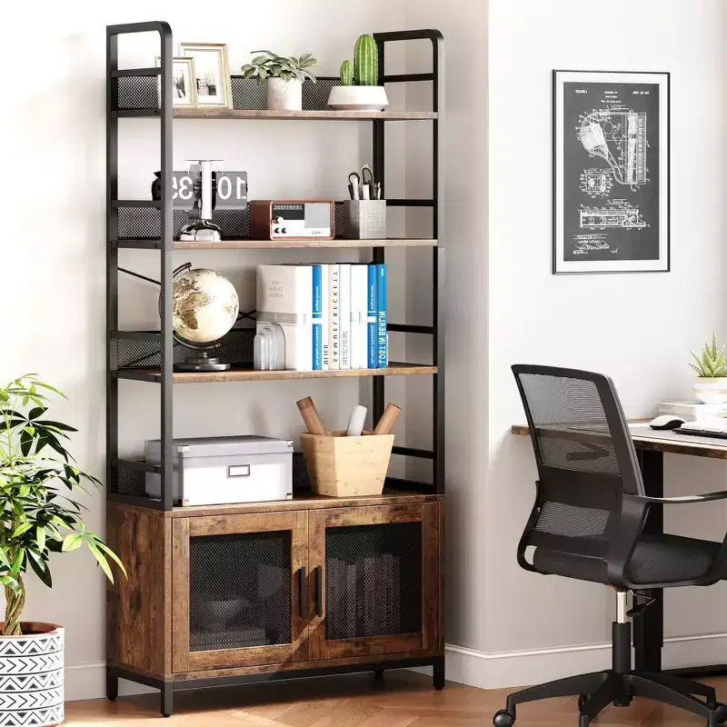 Industrial Bookshelf with Mesh Doors, 4-Tier Storage Bookcase with Open Shelves for Living Room, Bedroom, Home Office, Rustic Farmhouse Brown