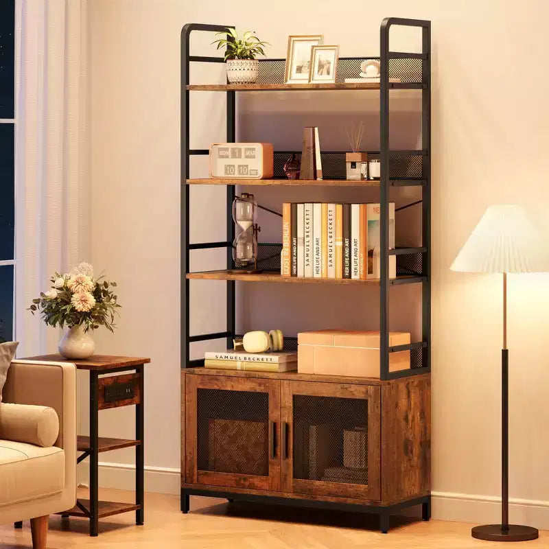 Étagère industrielle avec portes grillagées, bibliothèque de rangement à 4 niveaux avec étagères ouvertes pour salon, chambre, bureau à domicile, marron rustique de style ferme