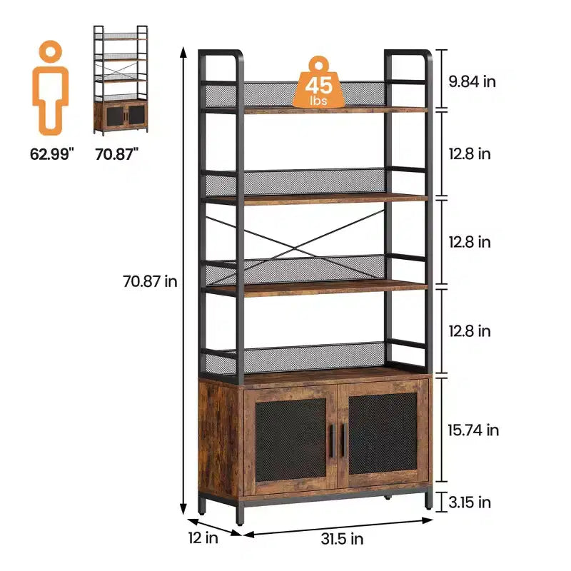 Étagère industrielle avec portes grillagées, bibliothèque de rangement à 4 niveaux avec étagères ouvertes pour salon, chambre, bureau à domicile, marron rustique de style ferme