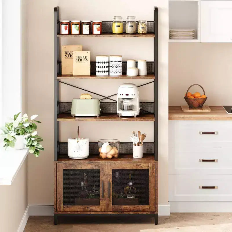 Étagère industrielle avec portes grillagées, bibliothèque de rangement à 4 niveaux avec étagères ouvertes pour salon, chambre, bureau à domicile, marron rustique de style ferme
